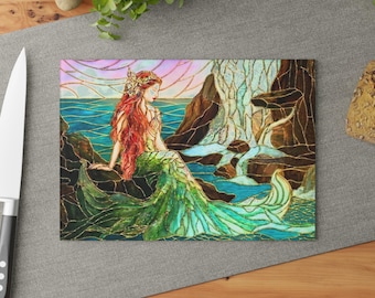 Meerjungfrau-Buntglas-Kunst-Glas-Schneidebrett | Ozean Seaside Dekor