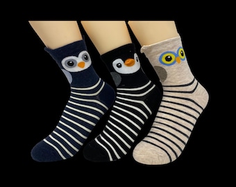 Bird Socks Pack – Penguin, Owl, Striped Animal Socks (3 Pairs)