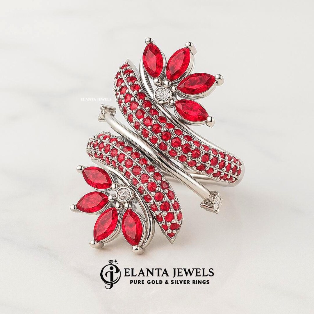 Sterling Silver Ruby Wrap Ring: Floral CZ Cocktail Ring | Red Marquise ...