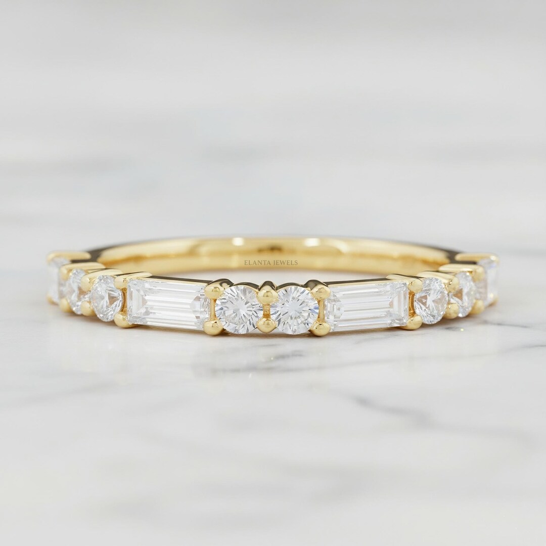 14K Gold Diamond Band: Baguette & Round, Half Eternity Ring - Etsy