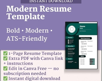 Nowoczesny szablon CV | Profesjonalne, edytowalne CV | Canva przyjazna dla ATS
