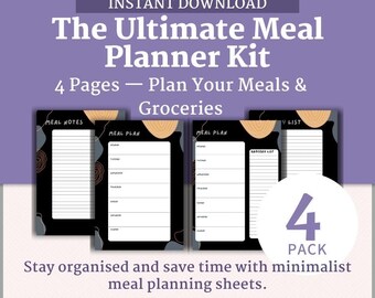 Czarny tygodniowy planer posiłków do druku | 4-stronicowa lista posiłków i zakupów w formacie PDF | Pobieranie cyfrowe