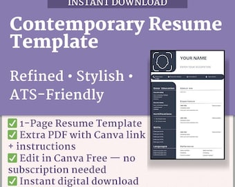 Nowoczesny szablon CV | Nowoczesne, edytowalne CV | Canva przyjazna dla ATS