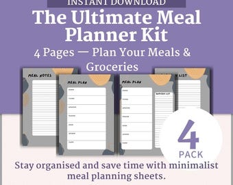 Tygodniowy plan posiłków Grey do druku | 4-stronicowa lista zakupów i notatki dotyczące posiłków w formacie PDF | Natychmiastowe pobranie