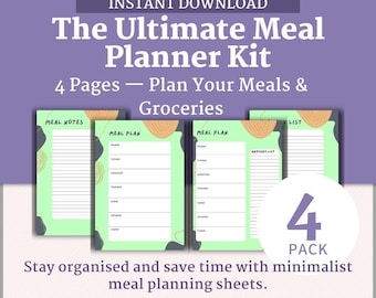 Zielony tygodniowy plan posiłków do druku | 4-stronicowa lista zakupów i notatki dotyczące posiłków w formacie PDF | Natychmiastowe pobranie