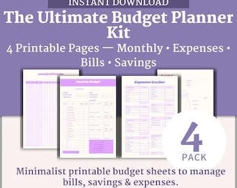 Fioletowy planer budżetu do druku | Miesięczny tracker finansowy, organizer wydatków i oszczędności, lista kontrolna rachunków w formacie PDF | Natychmiastowe pobranie