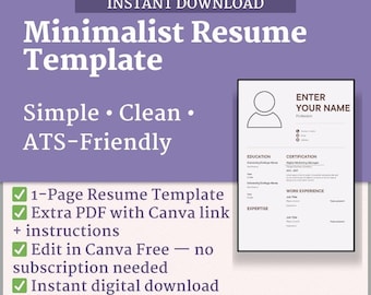 Minimalistyczny szablon CV | Edytowalne, nowoczesne CV | Projekt Canva przyjazny dla ATS