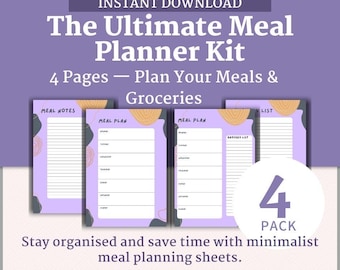 Fioletowy tygodniowy planer posiłków do druku | 4-stronicowy planer posiłków, lista zakupów i notatki w formacie PDF | Natychmiastowe pobranie