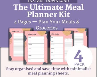 Różowy tygodniowy planer posiłków do druku | 4-stronicowa lista posiłków i zakupów w formacie PDF | Pobieranie cyfrowe