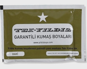 May include: A packet of Tek-Yildiz Garanti Kumas Boyalari fabric dye. The package is olive green with white text and a star graphic. The text includes the brand name, website, and product details.