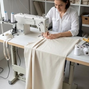 May include: A woman using a white sewing machine to stitch a piece of beige fabric. The sewing machine sits on a white table. Spools of thread in various colors are mounted on the wall. Additional spools and sewing supplies are on the table.