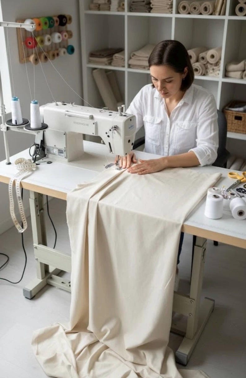 May include: A woman using a white sewing machine to stitch a piece of beige fabric. The sewing machine sits on a white table. Spools of thread in various colors are mounted on the wall. Additional spools and sewing supplies are on the table.