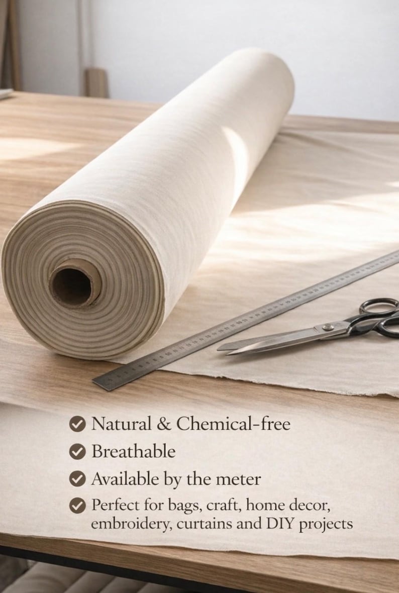 May include: A roll of natural-colored fabric sits on a wooden surface, accompanied by a metal ruler and scissors. The fabric is labeled as natural, chemical-free, and breathable, available by the meter. It is suitable for bags, crafts, home decor, embroidery, curtains, and DIY projects.