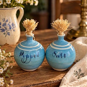 Vintage blauwe Studio Pottery zout- en peperstrooier | Oud Hampstead aardewerk | Charmante stijl uit het midden van de 20e eeuw
