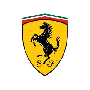 Könnte beinhalten: Das Ferrari-Logo, ein schwarzes, aufbäumendes Pferd auf einem gelben Schild, ist ein Symbol für Luxus und Geschwindigkeit. Das Schild ist schwarz umrandet und mit grünen, weißen und roten Streifen versehen. Die Buchstaben "S" und "F" befinden sich unten.