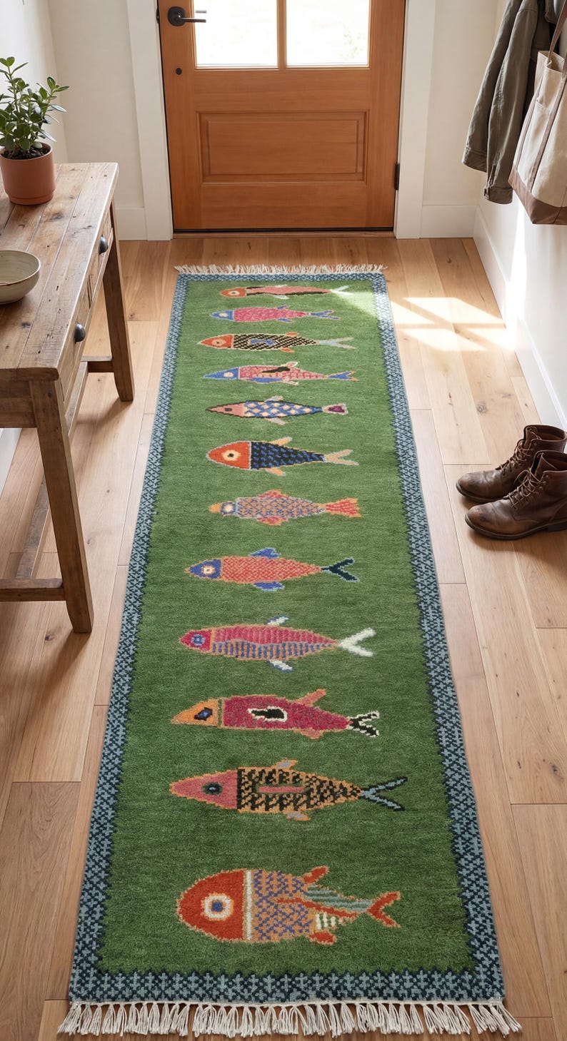 Handmade Wool Koi Fish Runner Rug: Green Colorful Flatweave for Hallway ...