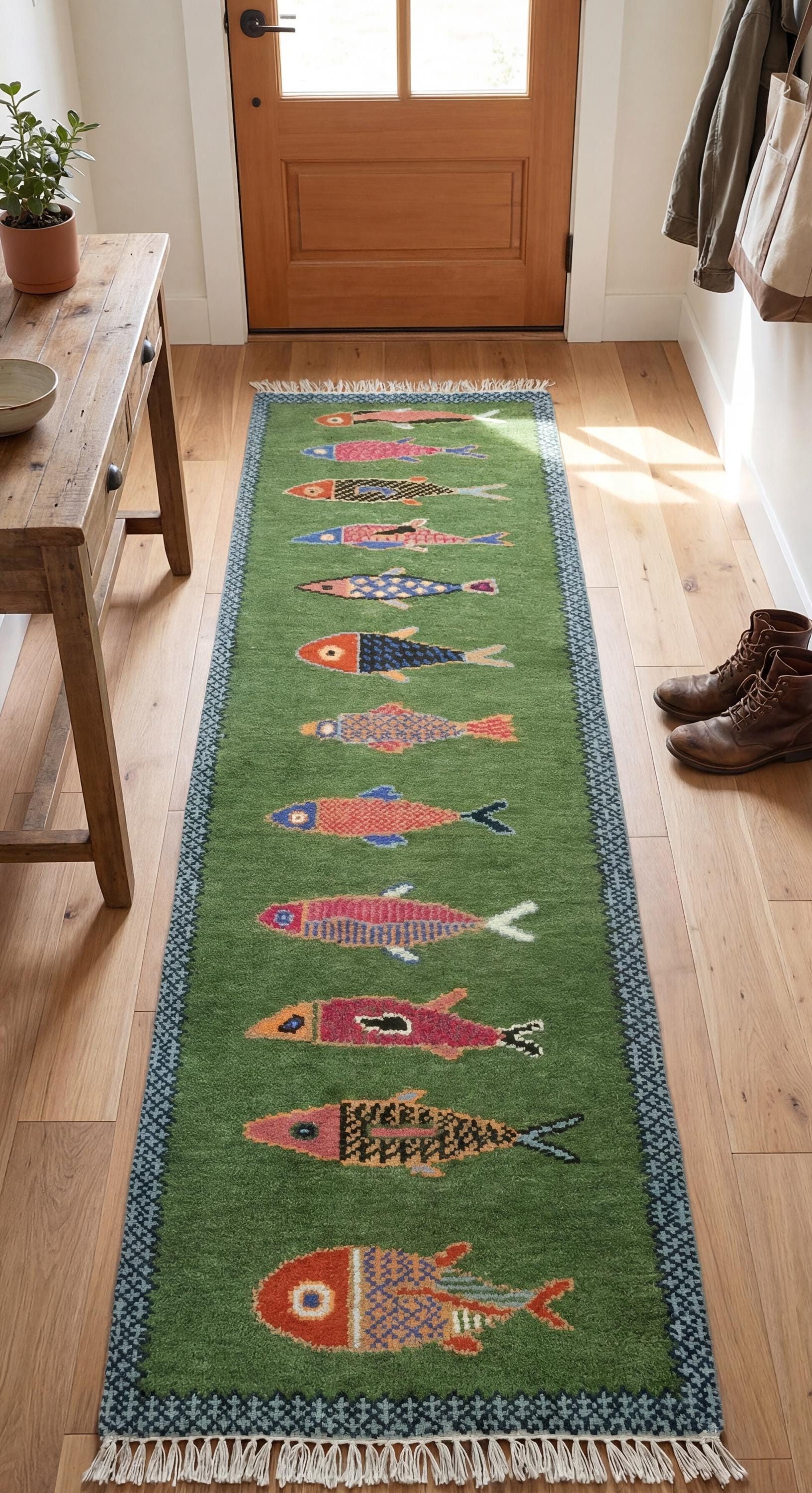 Custom Fish Can Rug Handmade Wool Koi Fish Runner Rug: Green Colorful Flatweave for Hallway ...