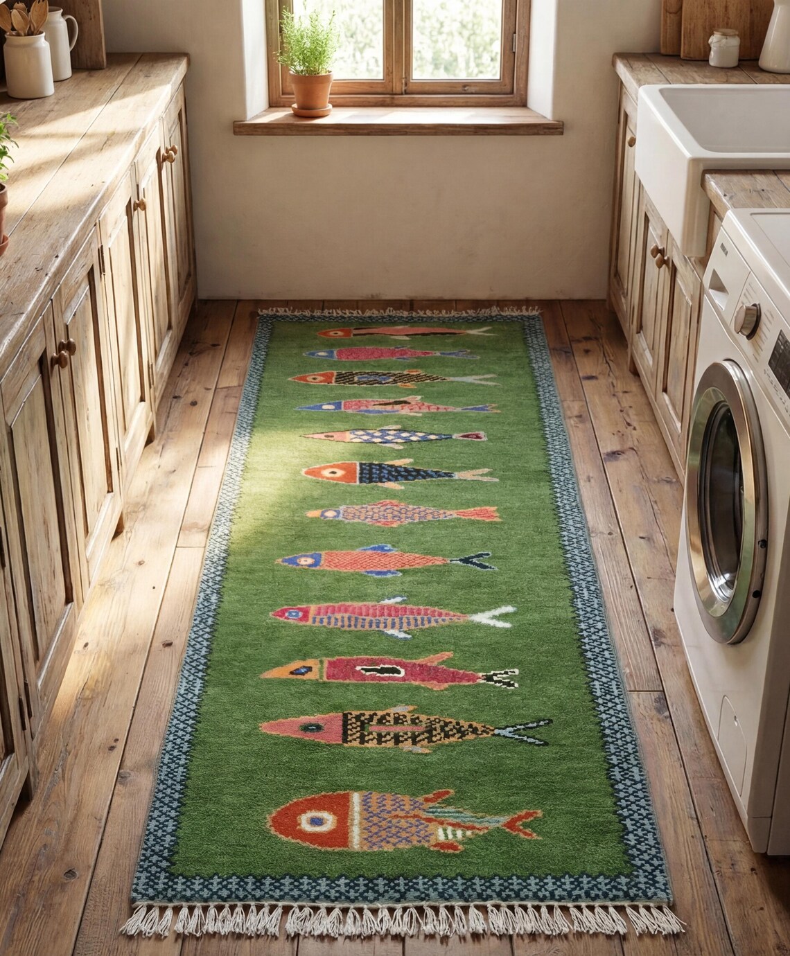 Handmade Wool Koi Fish Runner Rug: Green Colorful Flatweave for Hallway ...