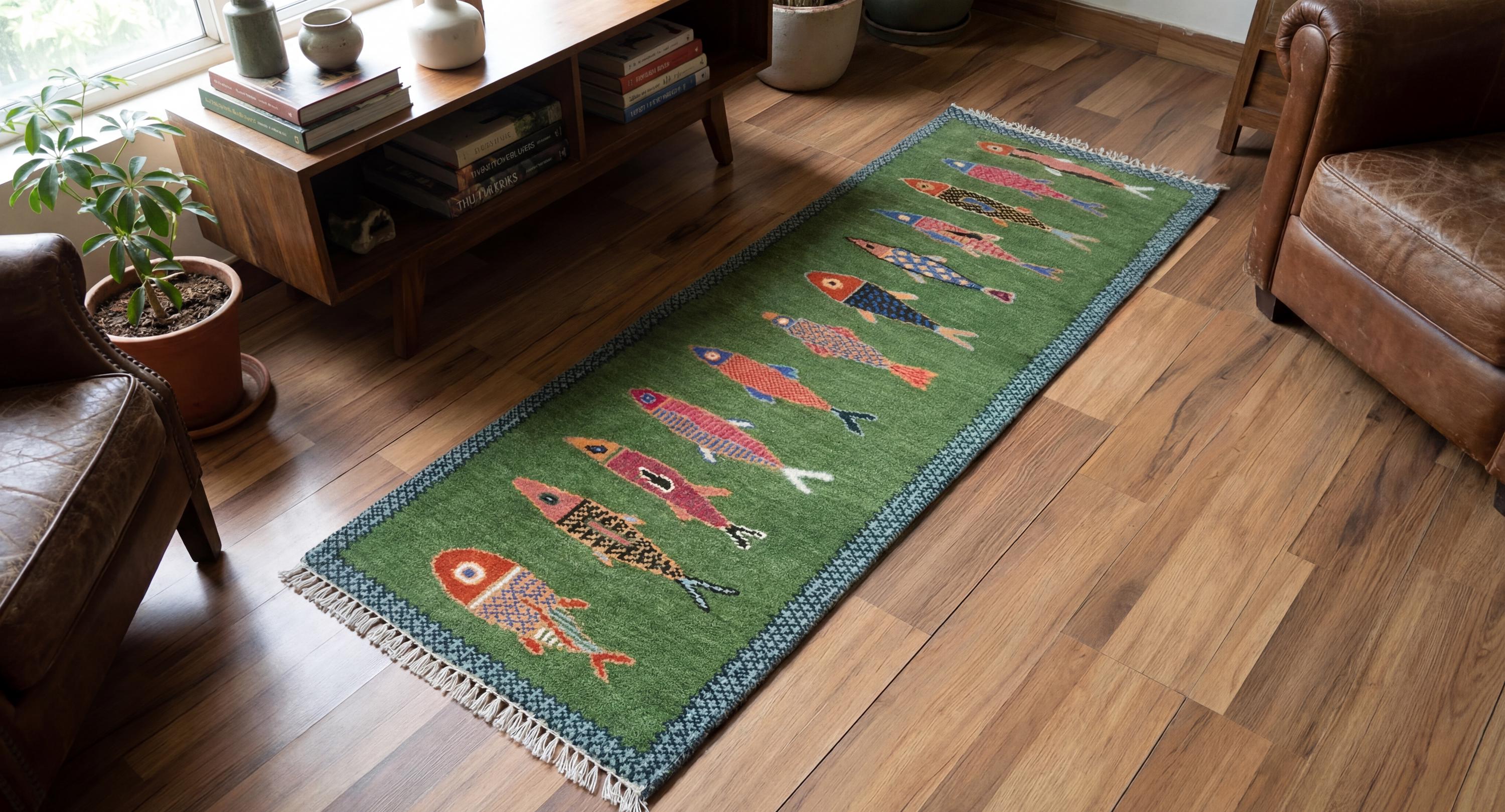 Handmade Wool Koi Fish Runner Rug: Green Colorful Flatweave for Hallway ...