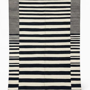 Handwoven Wool Cotton Rug Dhurrie: Multi Sizes Modern Black and White Stripes Flatweave Rug