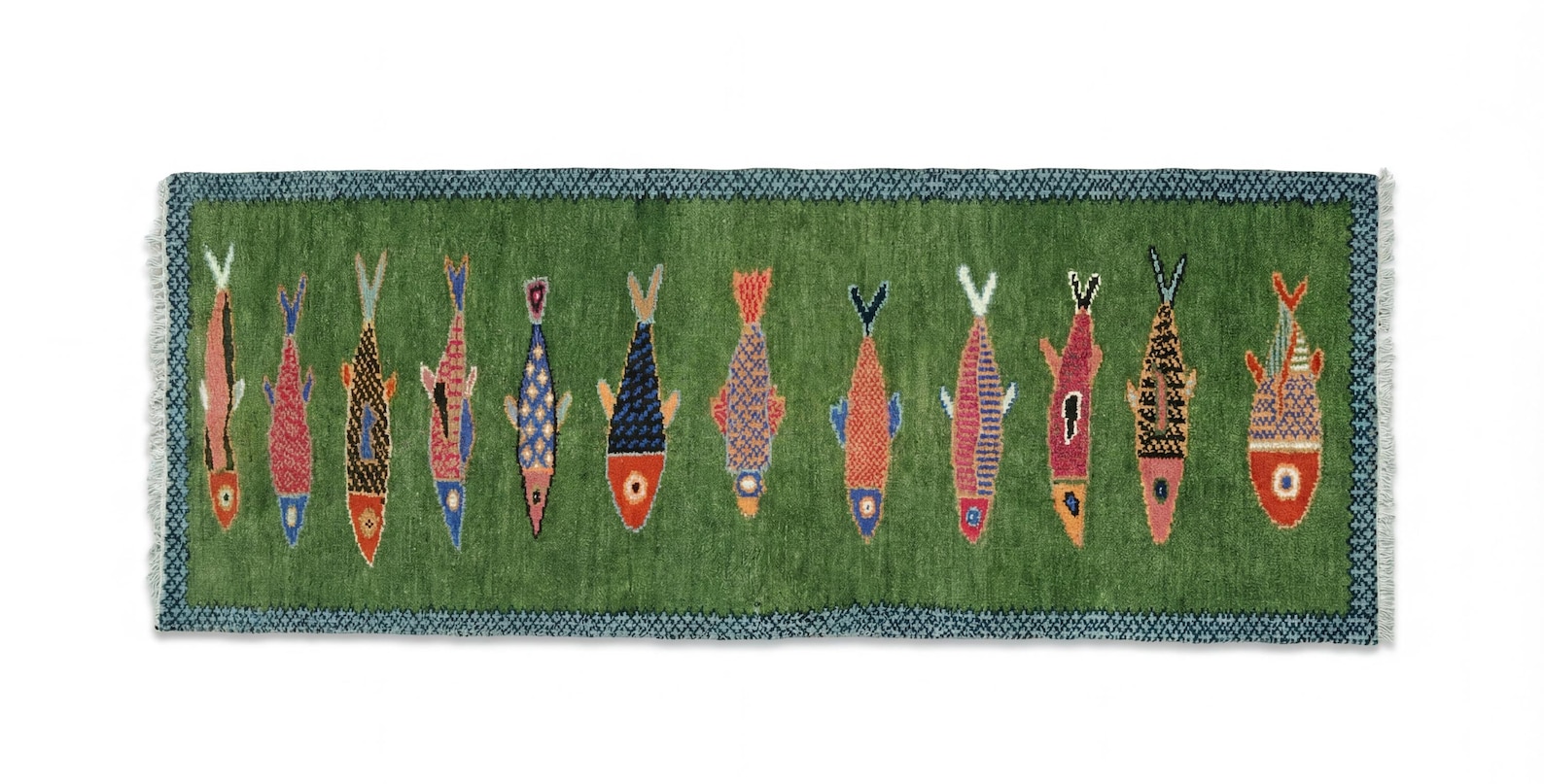 Handmade Wool Koi Fish Runner Rug: Green Colorful Flatweave for Hallway ...