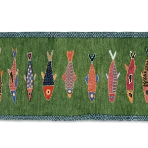 Handmade Wool Koi Fish Runner Rug: Green Colorful Flatweave for Hallway ...