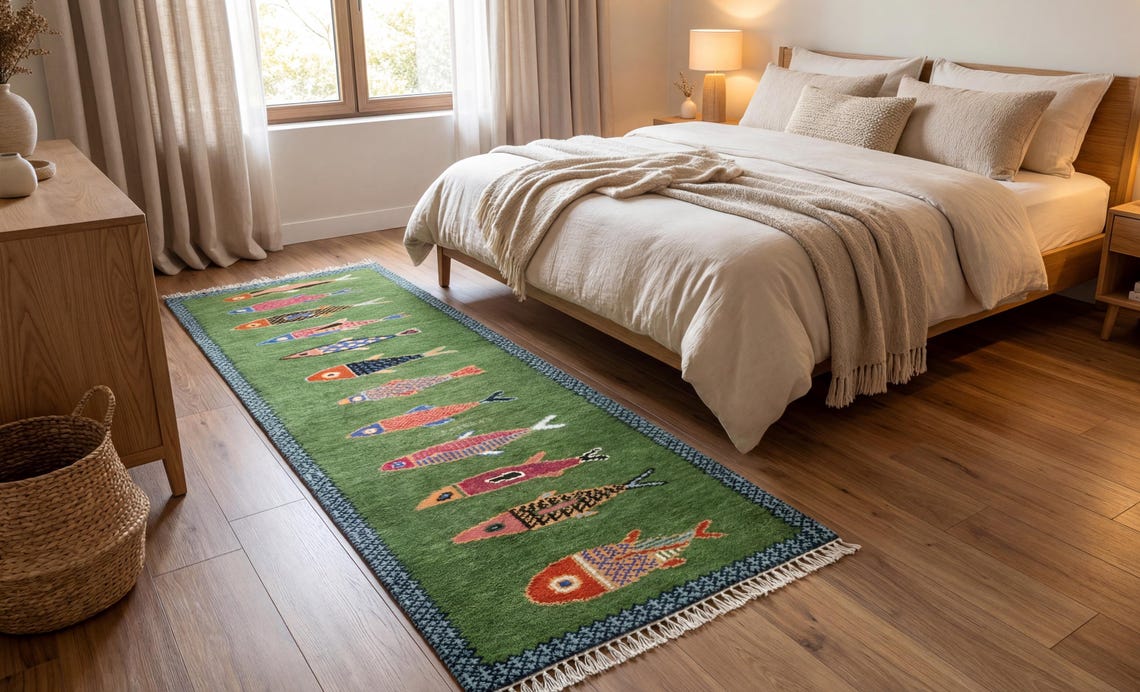 Handmade Wool Koi Fish Runner Rug: Green Colorful Flatweave for Hallway ...