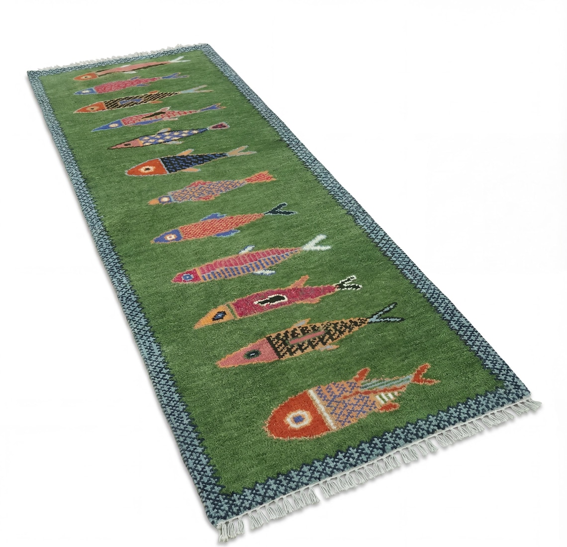 Custom Fish Can Rug Handmade Wool Koi Fish Runner Rug: Green Colorful Flatweave for Hallway ...