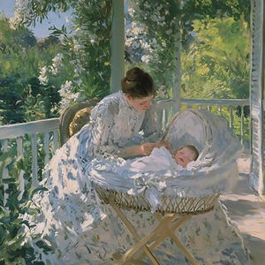 Mutter Kind Wiege Ölgemälde Vintage Wandbild, Impressionist Veranda Babyzimmer Print, Cottagecore Viktorianisch Poster Digital Download