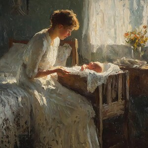 Mutter an der Wiege Gemälde, Goldenes Licht Babyzimmer Wandbild, Impressionismus Geburt Kunst, Digitaler Download Druckbar
