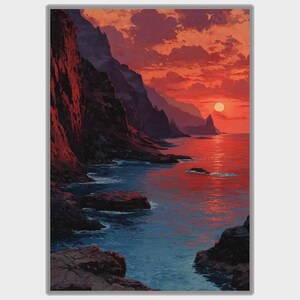 Peut inclure: Une impression d'art verticale représentant un paysage côtier au coucher du soleil. Des falaises sombres et déchiquetées bordent le côté gauche, rencontrant une eau bleu profond. Le ciel est rempli de nuages rouge et orange vifs.