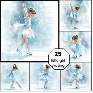 Peut inclure: Un collage d'illustrations à l'aquarelle représentant une jeune patineuse artistique dans une robe bleu clair et des patins à glace blancs. Les images ont une esthétique douce et rêveuse avec un fond neigeux. Texte : "25 little girl skating."