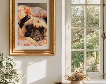Sleepy Pug Oil Painting Print, Cozy Sleeping Pug Dog Wall Art, Cute Pug Sleeping Under Blanket, Pet Portrait Digital Download
