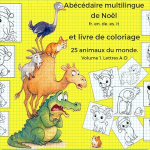 Peut inclure: Couverture de livre pour enfants avec le titre "Abécédaire multilingue de Noël" et "et livre de coloriage". L'image présente une pile d'animaux, dont un chameau, un crocodile et une autruche, avec des illustrations d'animaux portant des chapeaux de Noël.