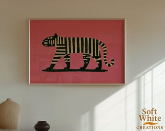 Impresión artística de tigre rosa / Arte mural moderno de animales / Ilustración de tigre rayado
