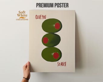 Póster "Olive You So Much" / Arte mural de aceitunas adorable / Ilustración gastronómica divertida / Decoración minimalista de cocina
