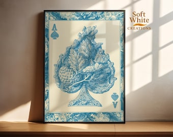 Lámina artística vintage de as de picas / Arte mural de naipes antiguos / Ilustración botánica de naipes / Decoración del hogar estilo victoriano con tinta azul