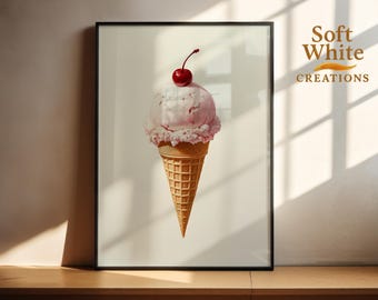 Framed Ice Cream Oil Painting | Realistic Dessert Wall Art | Kitchen Sweet Treat Decor | Summer Food Artwork | Cherry Ice Cream Print