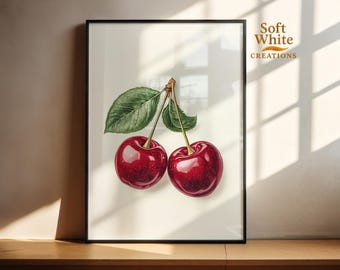 Cherry Wall Art Print | Realistic Fruit Artwork | Kitchen Decor | Botanical Cherry Illustration | Farmhouse Wall Art