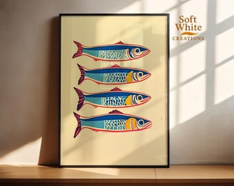 Colorful Retro Sardine Art Print | Coastal Wall Decor | Mid-Century Fish Illustration | Beach House Wall Art | Vibrant Ocean Print