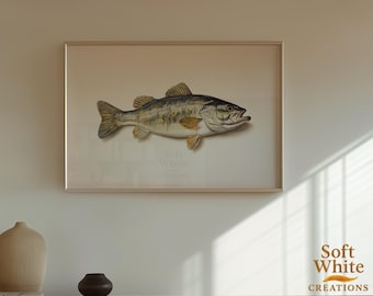 Quadro de parede com tema de achigã | Impressão realista de pintura de peixe | Decoração para casa de campo | Arte rústica de pesca | Presente para pescadores