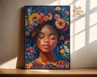 African American Portrait Wall Art Print  — Colorful Flower Painting — Inspirational Feminine Decor