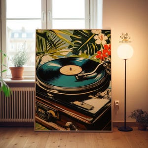 Vinyl Record Player Poster | Tropical Turntable Poster | Retro Music Decor | Vintage Vinyl Lover Gift | Mid Century Style image 3
