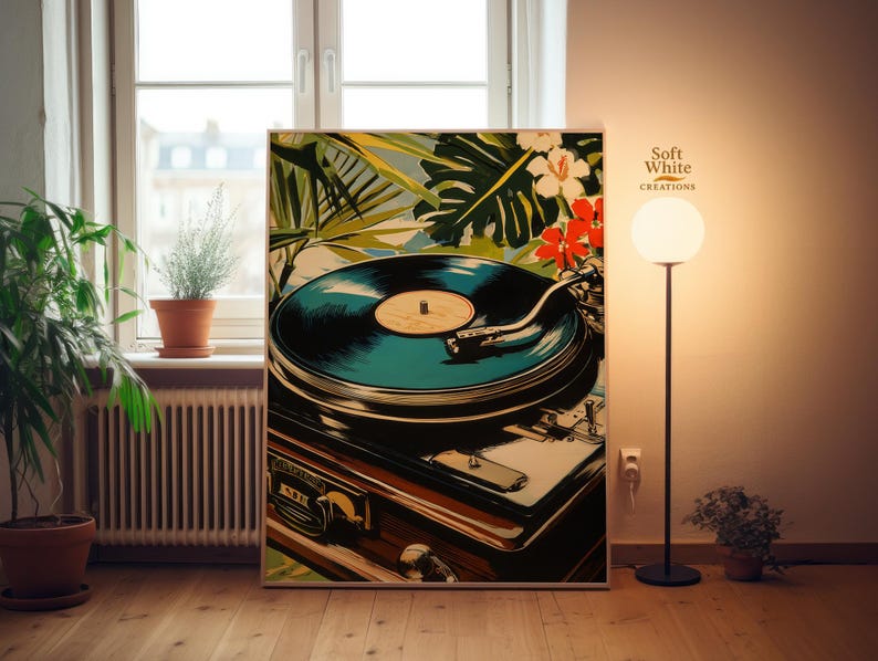 Vinyl Record Player Poster | Tropical Turntable Poster | Retro Music Decor | Vintage Vinyl Lover Gift | Mid Century Style image 3