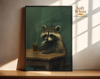 Whimsical Raccoon Noir Art Print | Funny Raccoon Wall Art | Dark Humor Animal Decor | Moody Bar Scene Poster | Quirky Wildlife