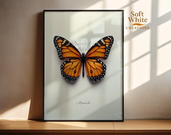 Stampa artistica da parete con farfalla monarca / Illustrazione realistica di farfalla / Decorazione naturalistica / Arte degli insetti / Arte botanica da parete