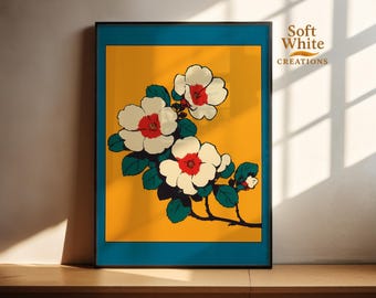 May include: Framed floral art print featuring white flowers with red centers and green leaves against a yellow background. The artwork is framed with a teal border and a black frame. The text "Soft White Creations" is in the upper right corner.