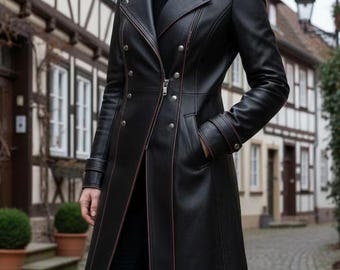 Women Long Trench Coat | Handmade Real Leather Overcoat | Full-Grain Brown Leather Jacket By Embroz