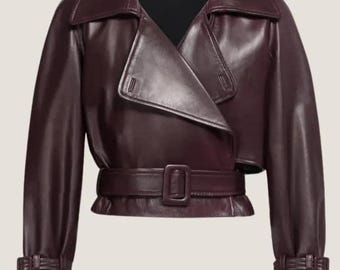 Handmade Cropped Lambskin Leather Moto Jacket | Belted Waist