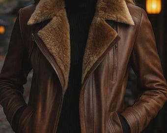 Handmade Shearling Leather Jacket | Women's Brown Fur Collar Coat